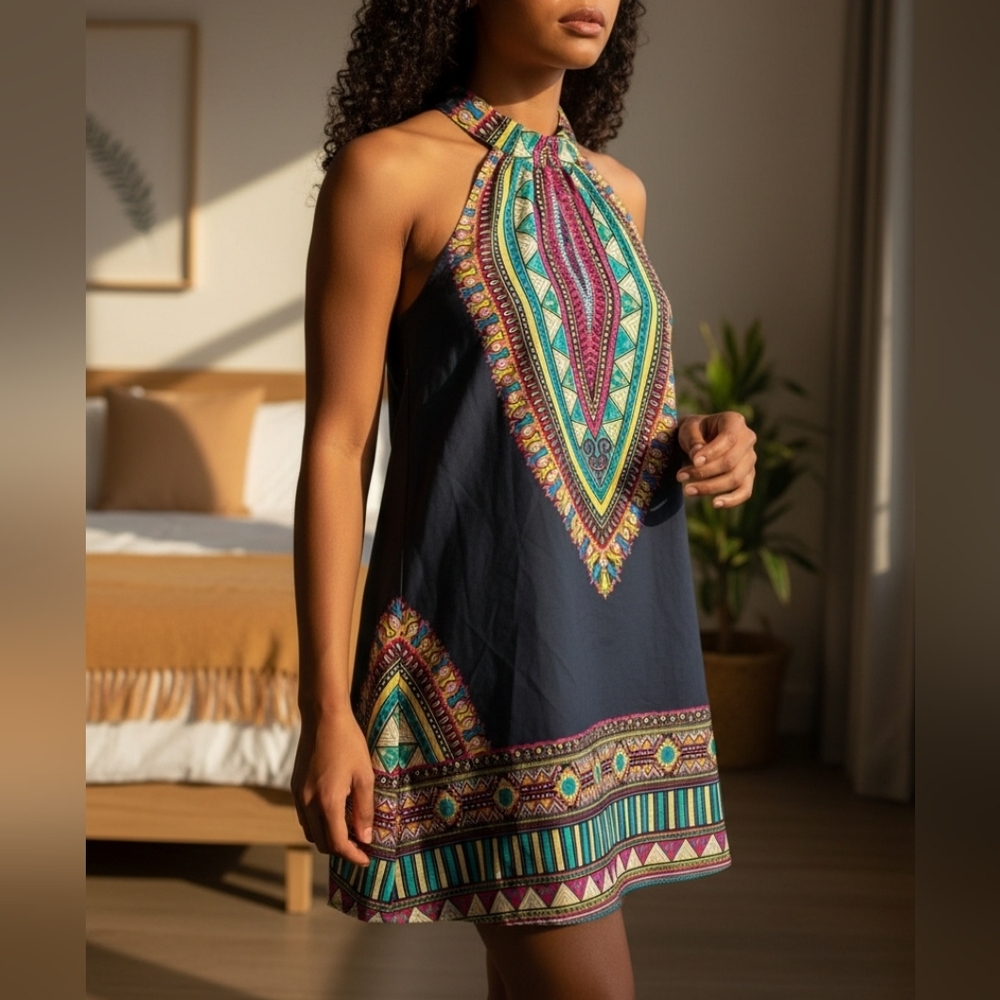 BAND OF GYPSIES | Bold Tribal‎ Geometric Multicolor Black Halter Mini Dress | M